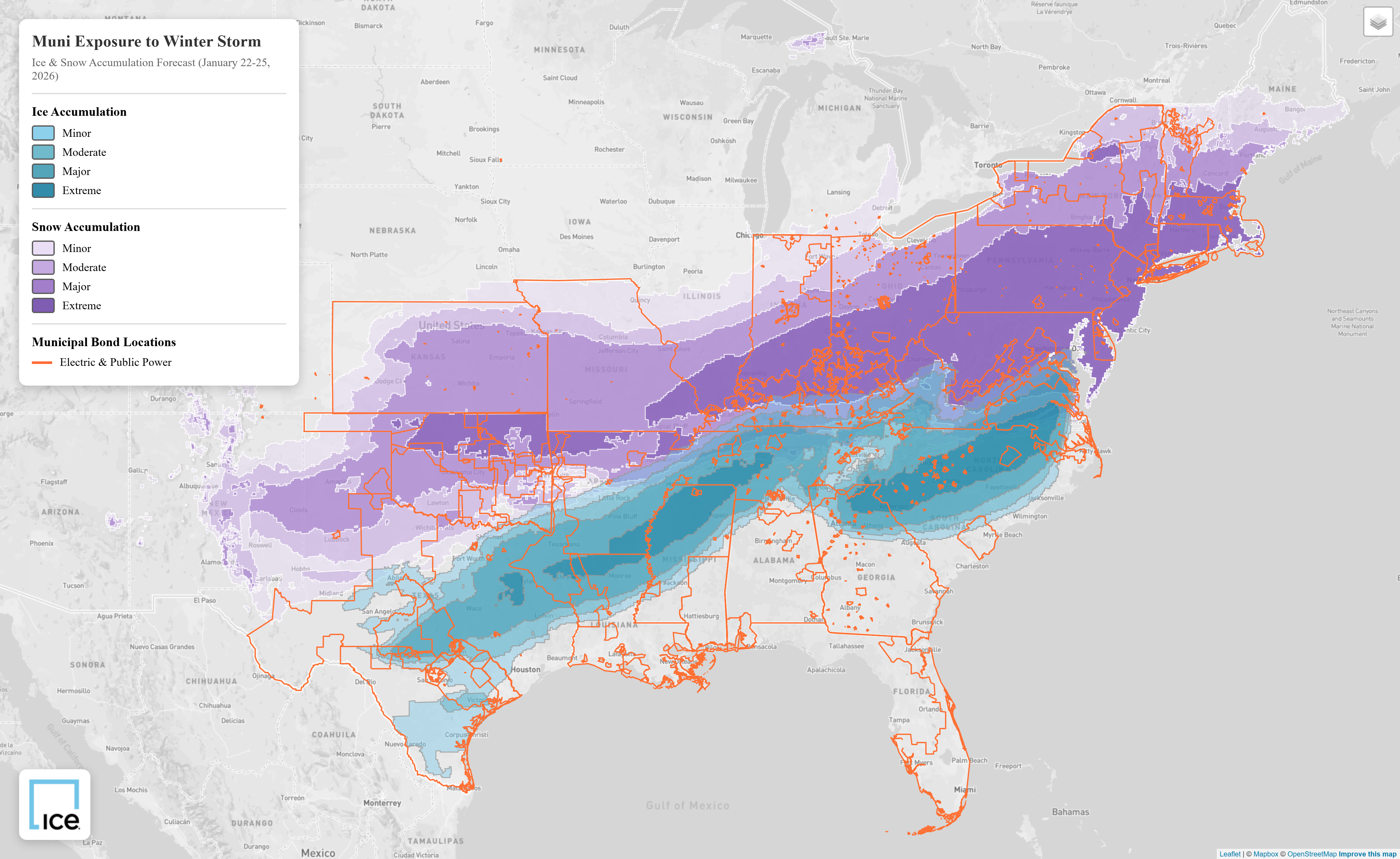 A 2026 U.S. map showing projected ice and snow accumulation from a winter storm, with shaded impact zones across the South, Midwest, and Northeast, and orange outlines marking municipal bond locations.