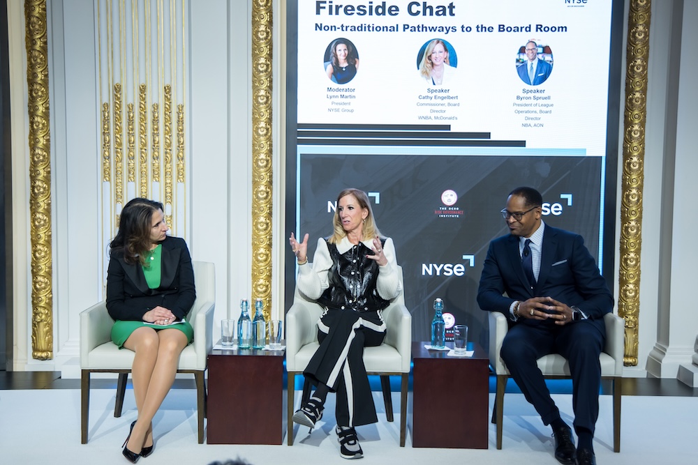 Lynn Martin, President NYSE moderating a fireside chat with Cathy Engelbert, Commissioner WNBA and Byron Spruell, President of League Operations NBA