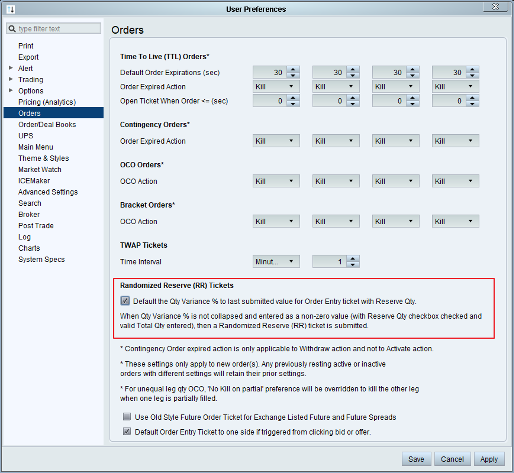 Default setting for Qty Variance % for Randomized Reserve (RR) order tickets