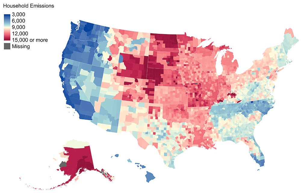 Median total household emissions by county