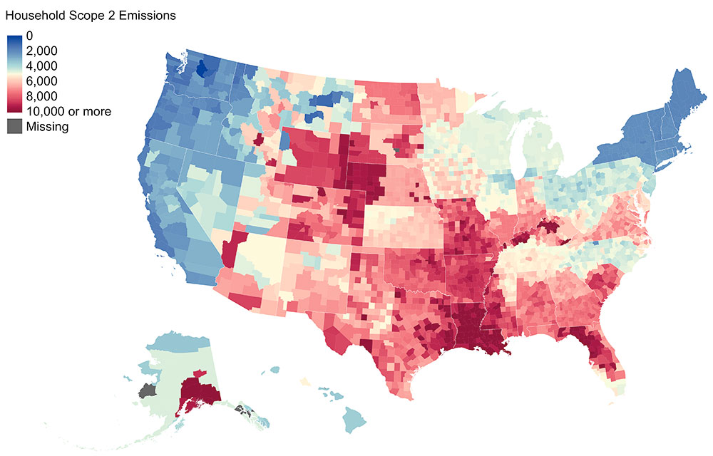 Median residential Scope 2 emissions by county (kg CO2e)