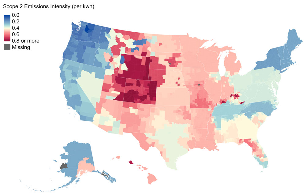 Median residential Scope 2 emissions by county (kg CO2e)