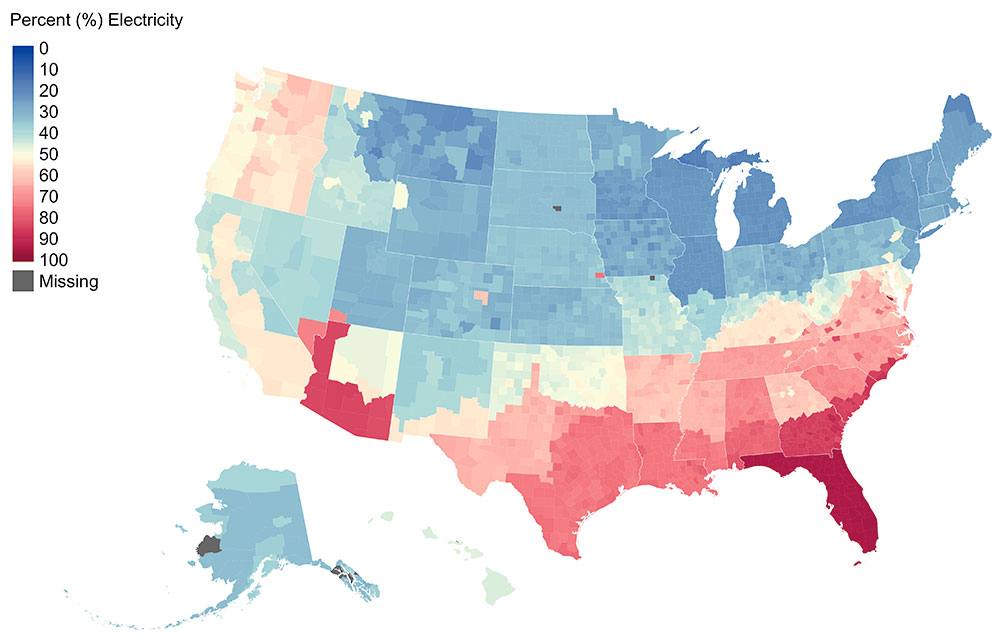 Percent of energy generated by electricity by county
