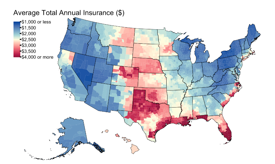 Average annual home insurance costs by county