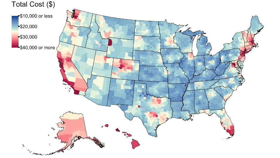 Average annual total costs, including principal and interest, insurance, property taxes, energy, and water costs by county.