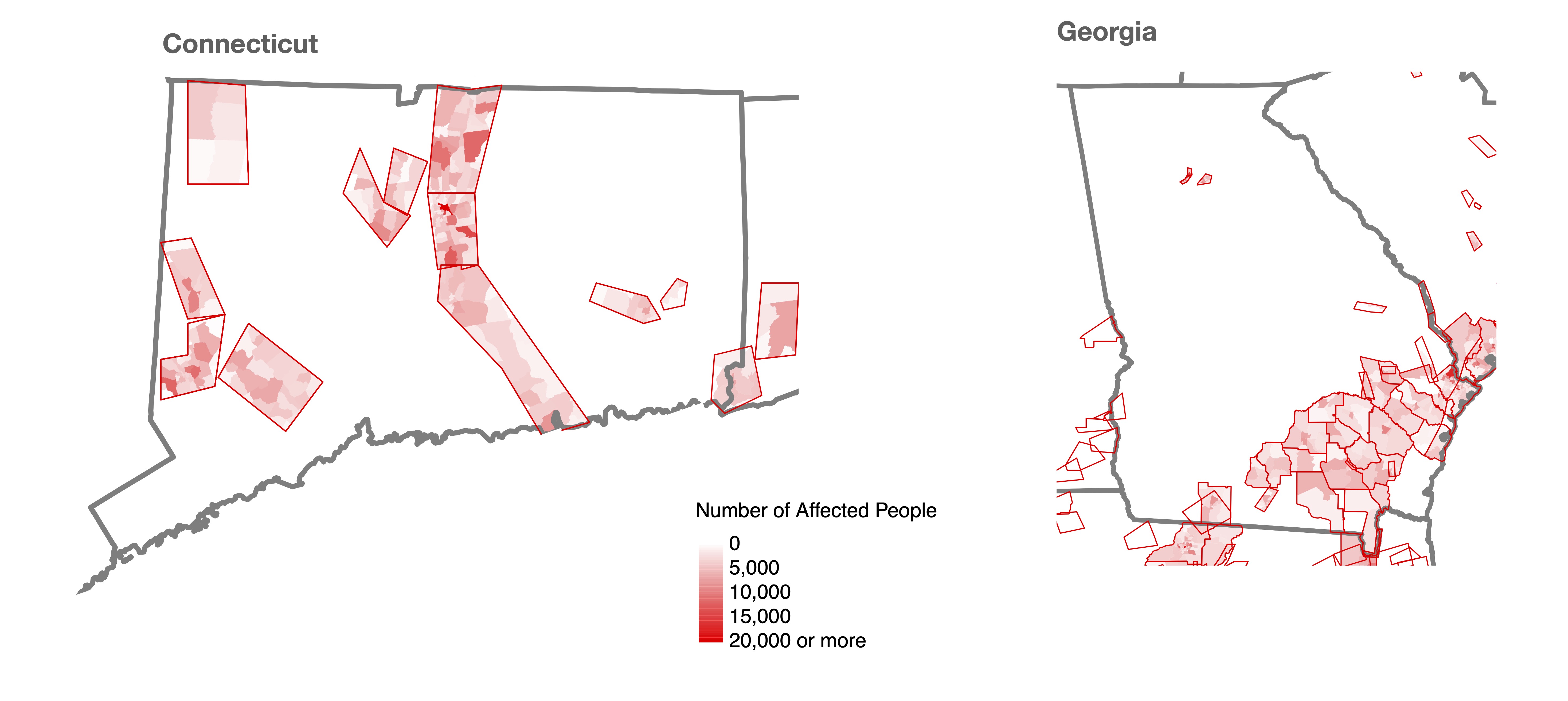 Figure 6. Maps of the National Weather Service alert locations of this six-month period (red) along with affected areas of census tracts across the states, shaded by the number of people affected. 