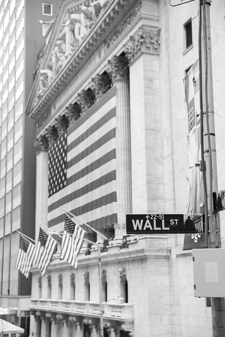 The historic New York Stock Exchange building located on Wall Street in the famed Financial District
