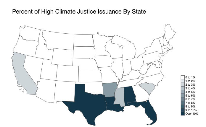 Percent of High Climate Justice Issuance by State